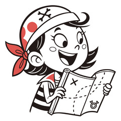 Vector art of cartoon pirate girl reading treasure map