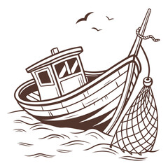 Vector art of fishing boat with a net in the sea