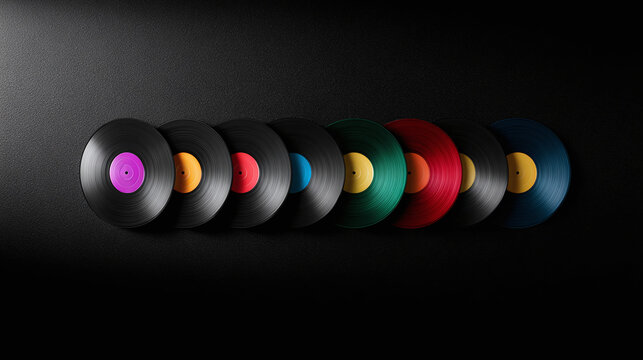 classical music Vinyl record in a row with dark background - Powered by Adobe