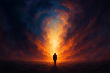 Fototapeta premium Lone figure stands silhouetted against a dramatic fiery sky vortex
