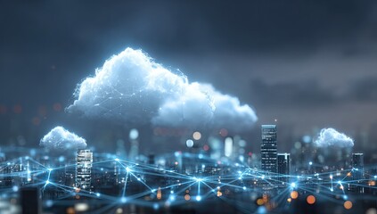 Futuristic cityscape at night, with glowing digital cloud and network connecting buildings