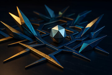 Geometric Crystal Shard Arrangement with Central Polyhedron on Dark Background