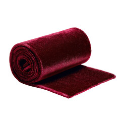 Burgundy velvet fabric rolled up, isolated on transparent background