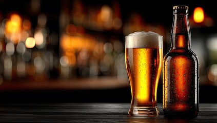 A close-up of a beer glass and bottle on a dark wooden bar.  Bokeh background of a bar