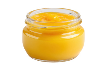 Glass Jar of Smooth Yellow Baby Food Puree on Transparent Background