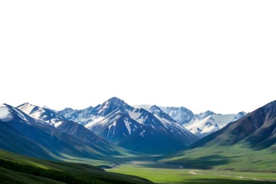 Majestic snow capped mountains valley isolated on white background