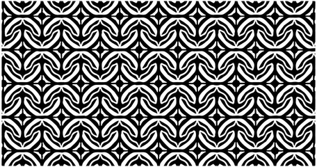 Abstract seamless wave-inspired black and white pattern with repetitive curvy ornamental design.