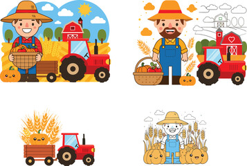 Cartoon farmer harvest scene with red tractor, wheat, vegetables, barn, pumpkin, coloring page style, agriculture countryside illustration for kids education