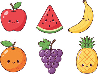 Cute cartoon fruit vector set, apple, banana, watermelon, orange, grapes, pineapple with smiling faces, kawaii healthy food for kids design