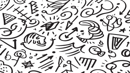 Abstract Doodle Art Seamless Pattern in Black and White Featuring Arrows People and Geometric Shapes Modern Vector Background