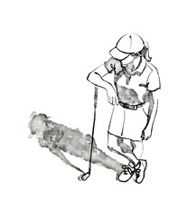 Illustration, black and white graphic, hand drawn ink sketch of a female golfer on a golf course standing and leaning on a club, top view. High quality photo