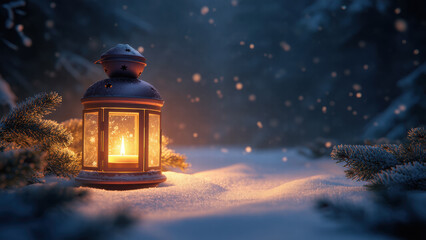 Christmas lantern glowing in snowy forest at night with falling snow and pine branches creating magical winter atmosphere