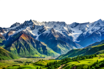 Majestic snow capped mountains valley landscape isolated on white background