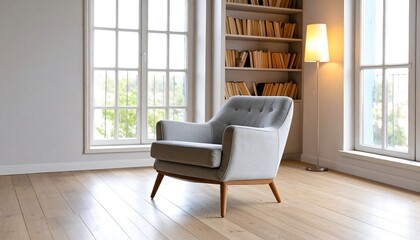 Fototapeta premium Light gray armchair in a room with bookshelves and large windows