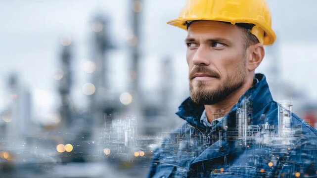 A striking double exposure image combines a focused engineer in a yellow safety helmet with towering oil refinery structures, symbolizing the fusion of human expertise and industrial innovation.
