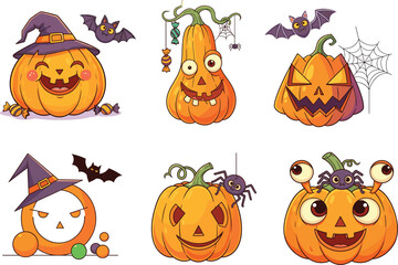 Halloween pumpkins vector illustration with spooky jack o lanterns, witch hat, bats, spiders, cobwebs, funny scary faces design for holiday decoration