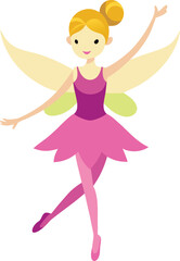 Cute Fairy Character with Pink Dress and Wings in a Dance Pose on white background