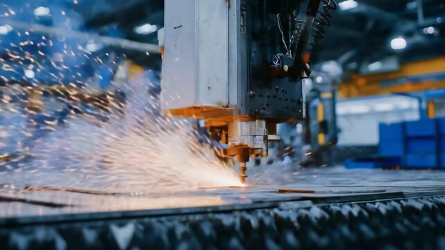 A laser blade cuts through steel with precision, guided by a mechanical arm, as a technician observes the process.