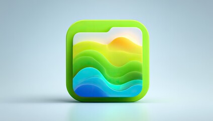 Square, lime-green app icon.  Layered,  vibrant landscape