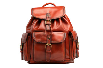 Brown Leather Backpack with Buckles on Transparent Background