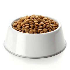 A white bowl filled to the brim with brown dry pet food on a plain white background in a studio shot