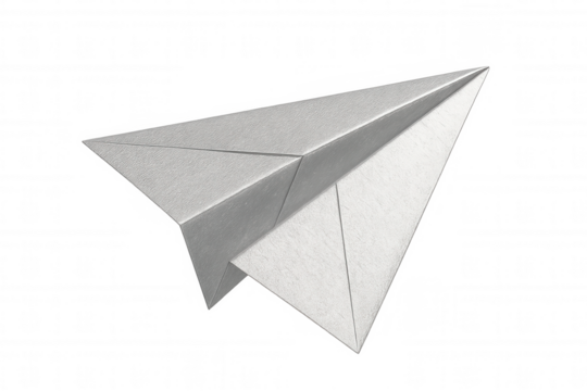 Silver paper airplane soaring against transparent backdrop, symbolizing travel and communication themes