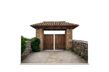 Rustic wooden gate and stone wall isolated on white background