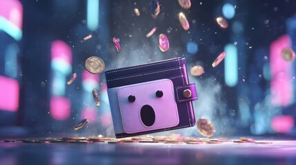 Vibrant Futuristic Illustration Depicting a Shocked, Cartoon-Style Wallet Redistributing Coins in an Avant-Garde Financial Scene