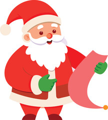 Cartoon Santa Claus Reading a Long Christmas List with a Jolly Expression on white background