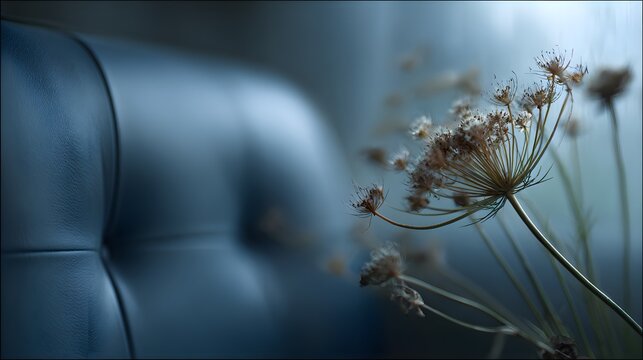 Captivating wild carrot inflorescence showcasing nearly mature seeds beside an empty modern seat in soft focus 
