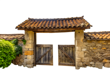 Rustic stone gate with wooden doors isolated on white background