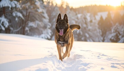 A dog running through a snowy landscape at sunset