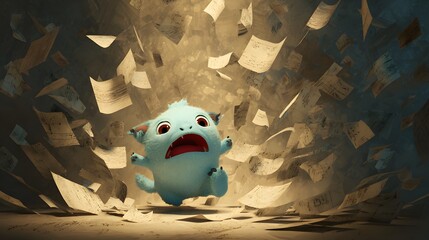 Vivid digital illustration of a surreal paleblue beast in panic, engulfed by a storm of scattered paper that epitomizes the comical chaos of lost control