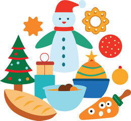 Festive Christmas Holiday Still Life with Snowman Tree and Food Items on white background