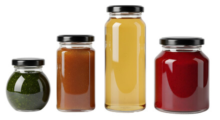 Assorted glass jars filled with sauces and condiments on transparent background  