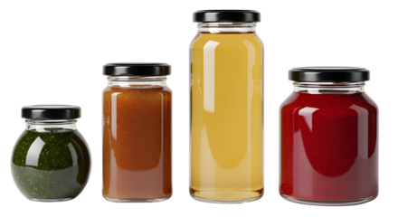 Assorted glass jars filled with sauces and condiments on transparent background  
