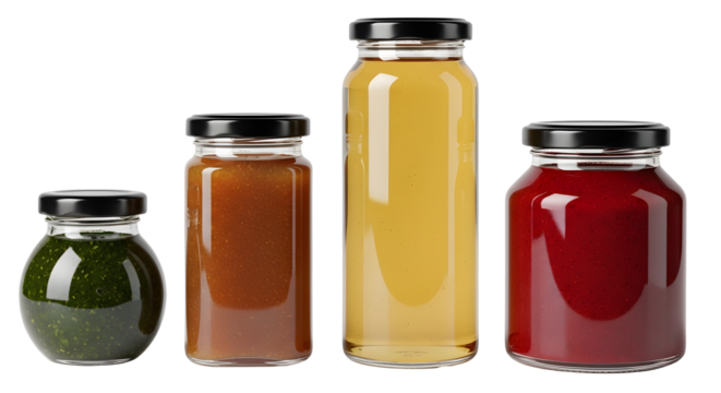 Assorted glass jars filled with sauces and condiments on transparent background  