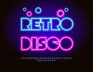 Vector Glowing invitation Retro Disco. Fashion Neon Font. Electric Abstract style Alphabet Letters and Numbers set
