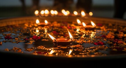 Diwali celebration background showcasing traditional diya lamps floating on water with flower petals. Perfect for festive greetings, event invites, or cultural promotions.
