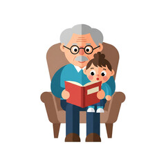 A cartoon illustration of a father and his children sitting together, reading a book