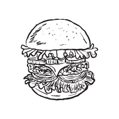 Cheeseburger drawing with cheese, salad, cutlet, tomato sesame in black brush stroke texture isolated on white. Hand drawn vector sketch illustration in vintage charcoal ink. Print design logo menu.