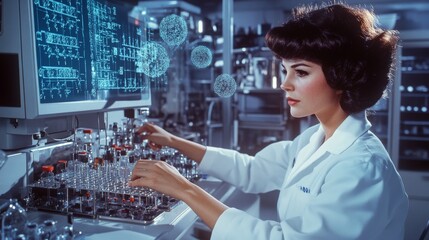 STEM in Action.  A female scientist in a white lab coat working with high-tech equipment in a clean, bright laboratory