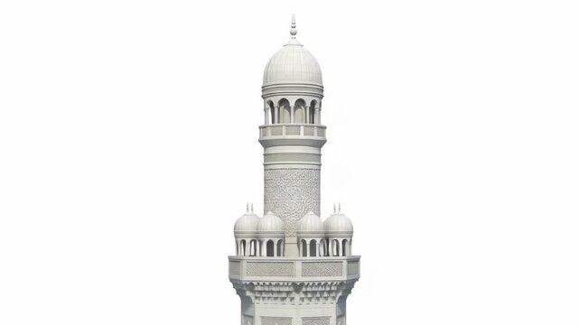 Detailed minaret architecture featuring intricate patterns, arches, and domes