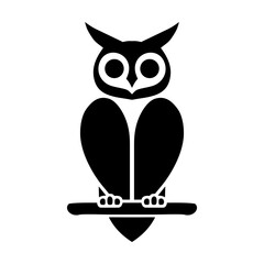 Stylized black owl sitting on a branch in a minimalist style. A shadow. Vector. Transparent background. Isolated.