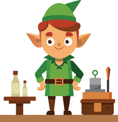 Cartoon elf character preparing potions and inventions in a workshop scene on white background