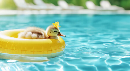 Cute duckling swims on an inflatable ring in the pool. Summer vacation, poultry and pet concept. Funny animal for poster, banner with copy space