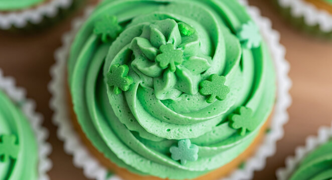 St. Patrick’s Day cupcakes with green frosting, shamrock decorations, macro food photography style