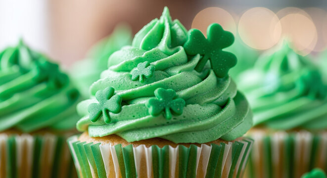 St. Patrick’s Day cupcakes with green frosting, shamrock decorations, macro food photography style