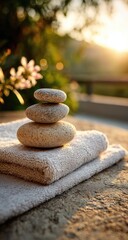 Stacked stones on soft towels, bathed in golden sunlight, with out-of-focus garden backdrop
