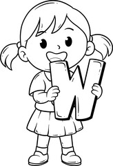 Cute Girl Holding Letter W Coloring Page